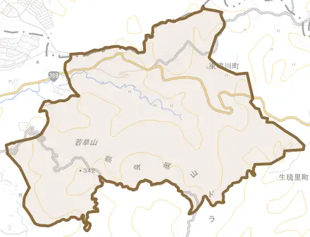中ノ川町とその周辺の地図。町の範囲を重ねている
