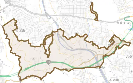 中町とその周辺の地図。町の範囲を重ねている