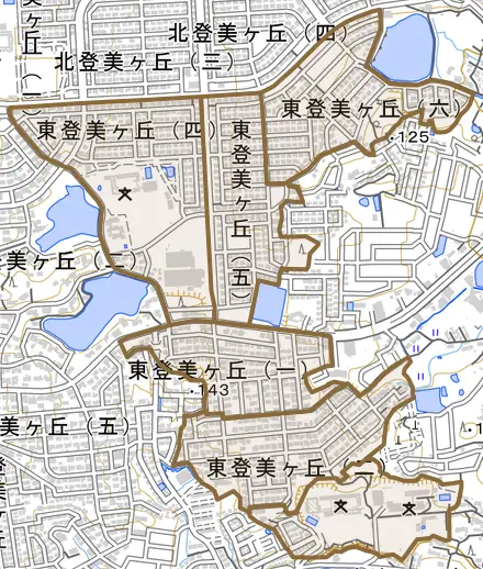 東登美ヶ丘とその周辺の地図。町の範囲を重ねている