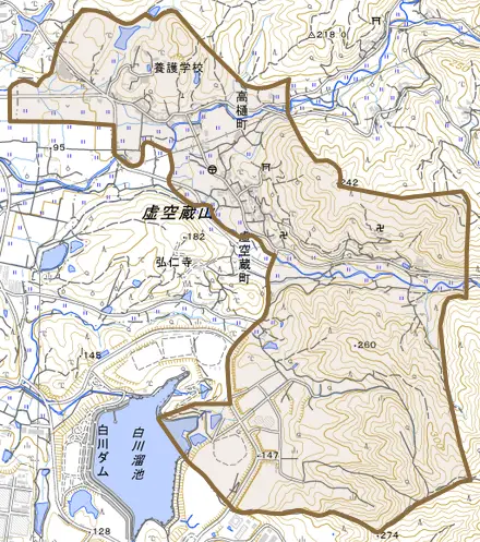 高樋町とその周辺の地図。町の範囲を重ねている