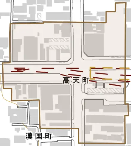 高天町とその周辺の地図。町の範囲を重ねている