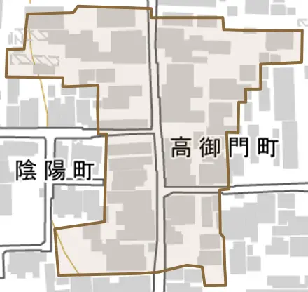 高御門町とその周辺の地図。町の範囲を重ねている
