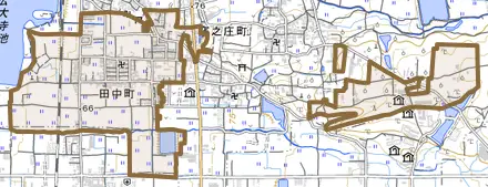田中町とその周辺の地図。町の範囲を重ねている
