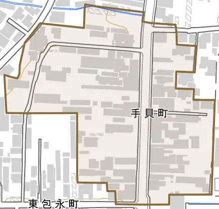 手貝町とその周辺の地図。町の範囲を重ねている
