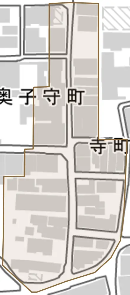 寺町とその周辺の地図。町の範囲を重ねている