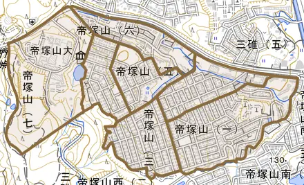 帝塚山とその周辺の地図。町の範囲を重ねている