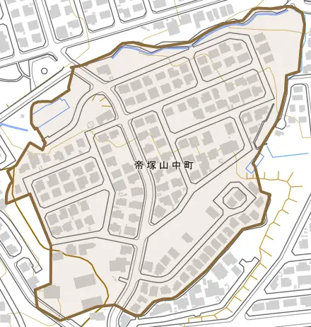 帝塚山中町とその周辺の地図。町の範囲を重ねている