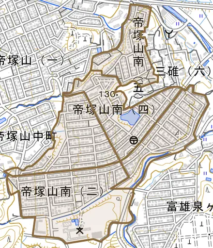 帝塚山南とその周辺の地図。町の範囲を重ねている