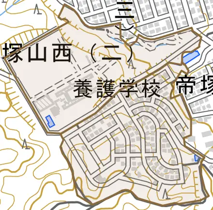 帝塚山西とその周辺の地図。町の範囲を重ねている
