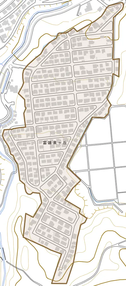 富雄泉ヶ丘とその周辺の地図。町の範囲を重ねている