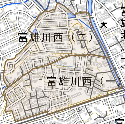 富雄川西とその周辺の地図。町の範囲を重ねている