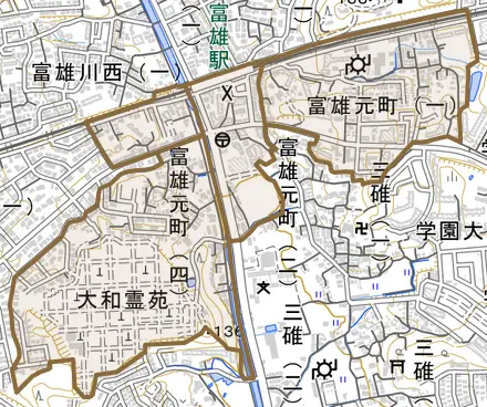 富雄元町とその周辺の地図。町の範囲を重ねている