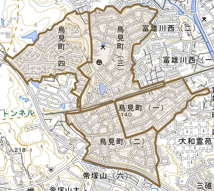 鳥見町とその周辺の地図。町の範囲を重ねている