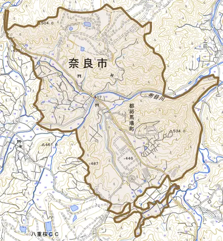 都祁馬場町とその周辺の地図。町の範囲を重ねている