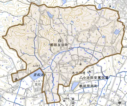 都祁友田町とその周辺の地図。町の範囲を重ねている