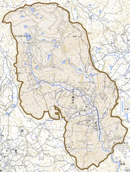 月ヶ瀬石打とその周辺の地図。町の範囲を重ねている