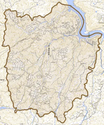 月ヶ瀬桃香野とその周辺の地図。町の範囲を重ねている
