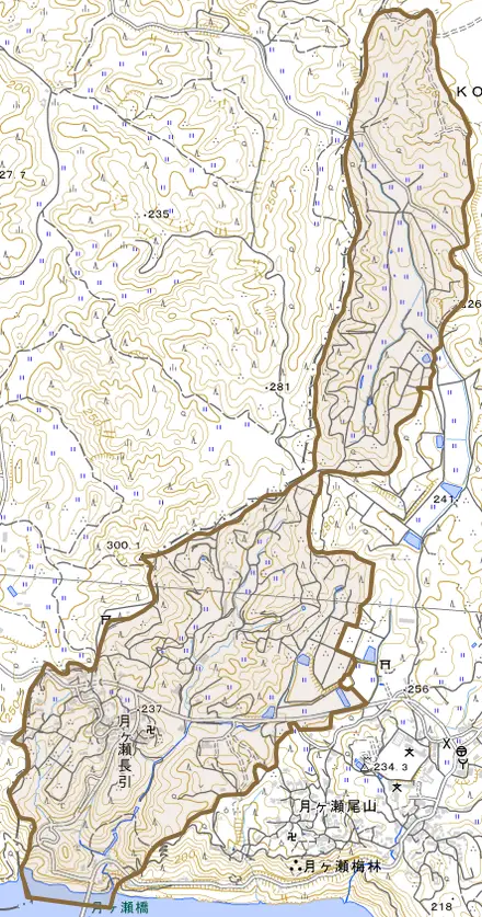 月ヶ瀬長引とその周辺の地図。町の範囲を重ねている
