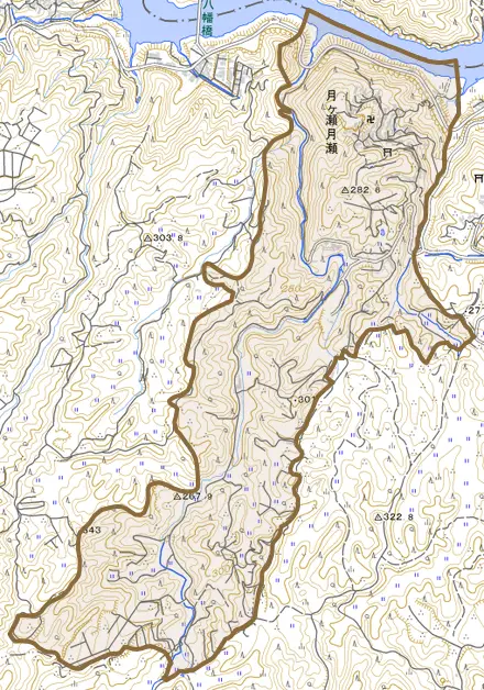月ヶ瀬月瀬とその周辺の地図。町の範囲を重ねている