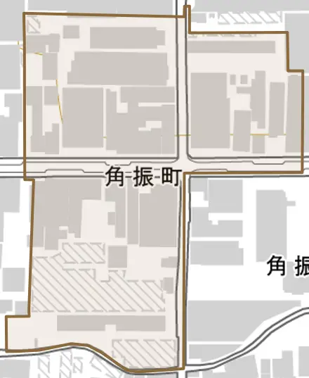 角振町とその周辺の地図。町の範囲を重ねている