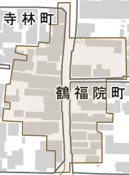 鶴福院町とその周辺の地図。町の範囲を重ねている