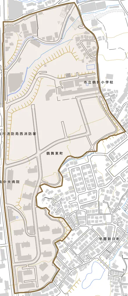 鶴舞東町とその周辺の地図。町の範囲を重ねている