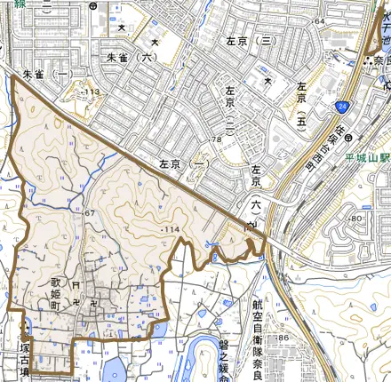歌姫町とその周辺の地図。町の範囲を重ねている