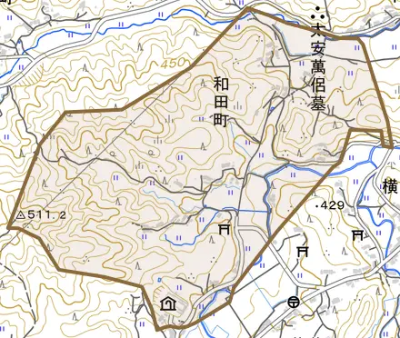 和田町とその周辺の地図。町の範囲を重ねている
