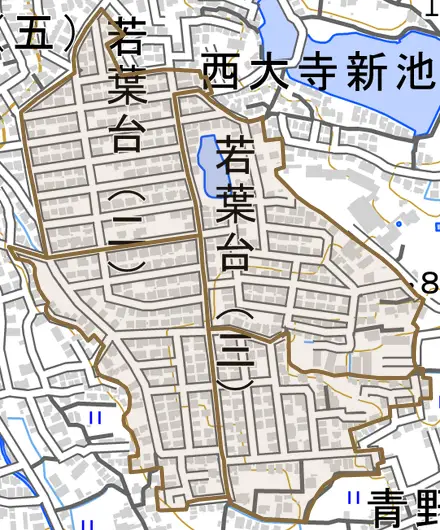 若葉台とその周辺の地図。町の範囲を重ねている