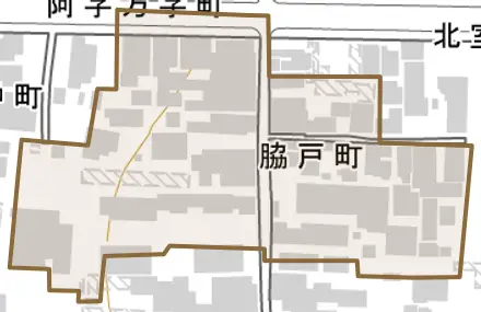 脇戸町とその周辺の地図。町の範囲を重ねている
