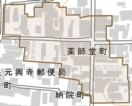 薬師堂町とその周辺の地図。町の範囲を重ねている