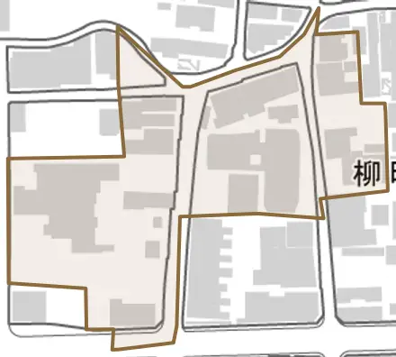 柳町とその周辺の地図。町の範囲を重ねている