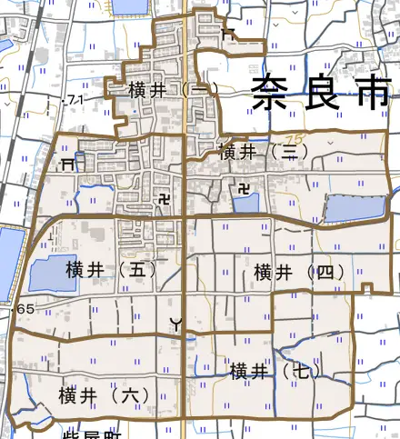 横井とその周辺の地図。町の範囲を重ねている