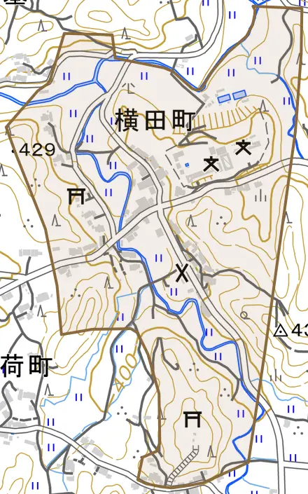 横田町とその周辺の地図。町の範囲を重ねている