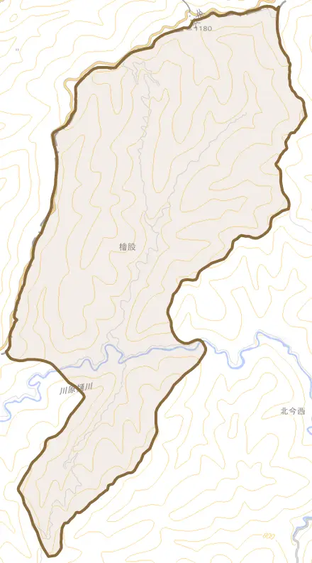 大字檜股とその周辺の地図。町の範囲を重ねている