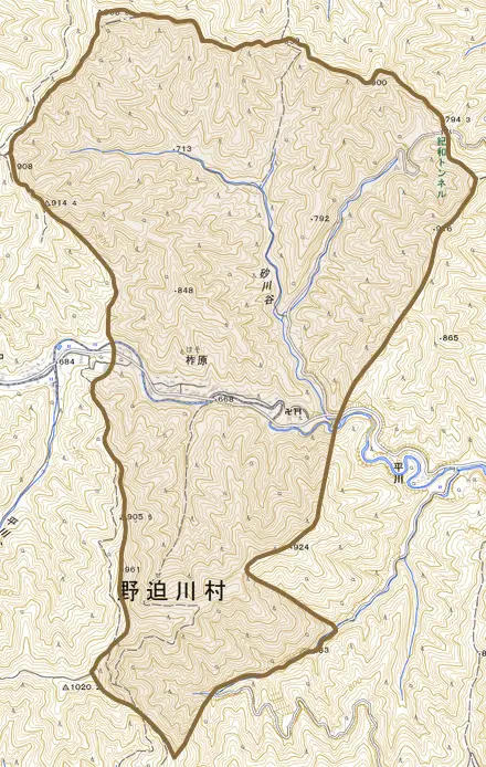 大字柞原とその周辺の地図。町の範囲を重ねている