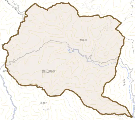 大字池津川とその周辺の地図。町の範囲を重ねている