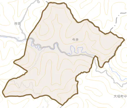 大字今井とその周辺の地図。町の範囲を重ねている