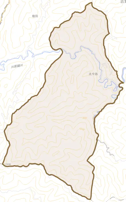大字北今西とその周辺の地図。町の範囲を重ねている