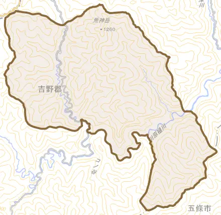 大字北股とその周辺の地図。町の範囲を重ねている