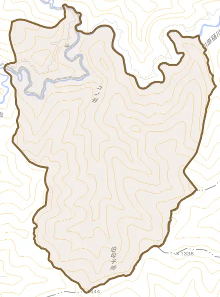 大字平とその周辺の地図。町の範囲を重ねている