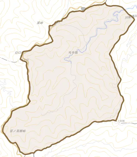 大字弓手原とその周辺の地図。町の範囲を重ねている