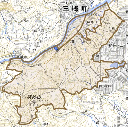 藤井とその周辺の地図。町の範囲を重ねている