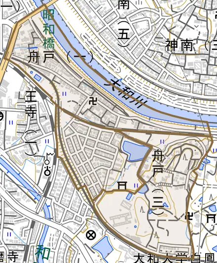 舟戸とその周辺の地図。町の範囲を重ねている