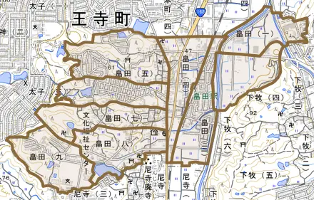 畠田とその周辺の地図。町の範囲を重ねている