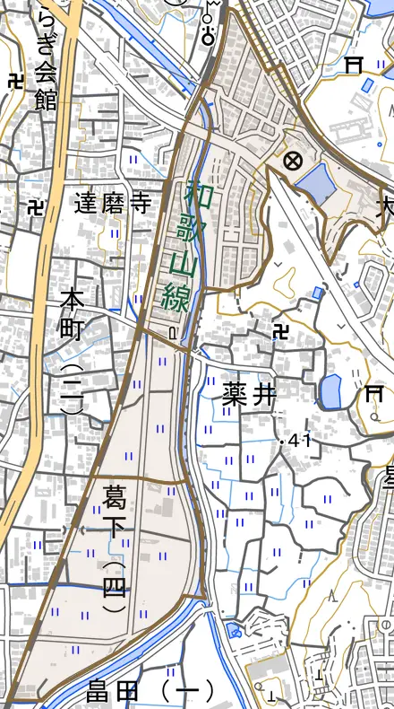 葛下とその周辺の地図。町の範囲を重ねている