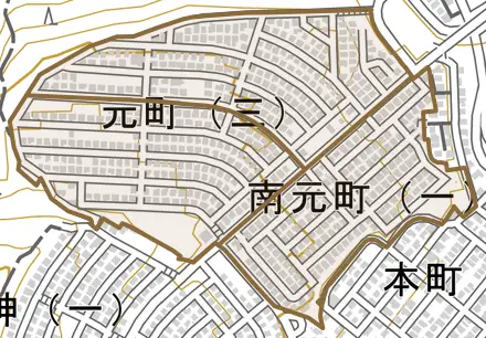 南元町とその周辺の地図。町の範囲を重ねている