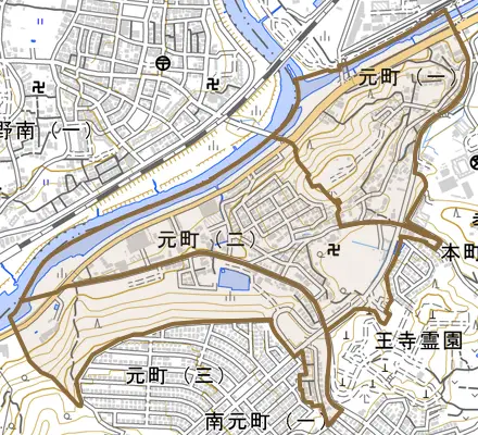 元町とその周辺の地図。町の範囲を重ねている