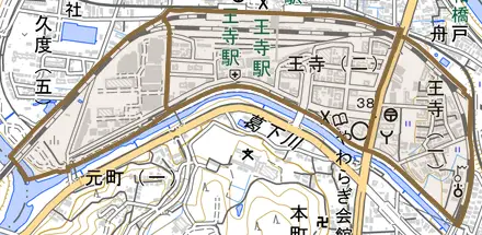 王寺とその周辺の地図。町の範囲を重ねている
