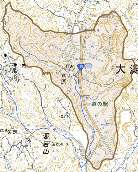 大字芦原とその周辺の地図。町の範囲を重ねている